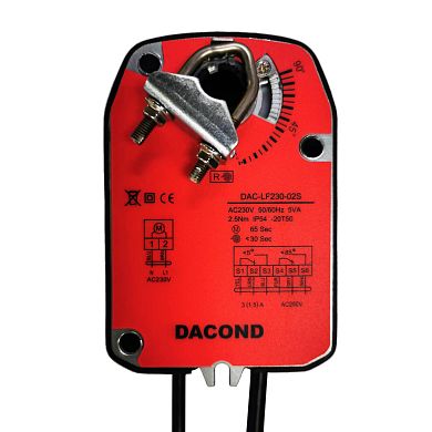 DAC-LF24-02SM: Привод воздушной заслонки Dacond, 2.5 Н*м, 0-10В,  2 концевых выключателя, 24В, с возвратной пружиной